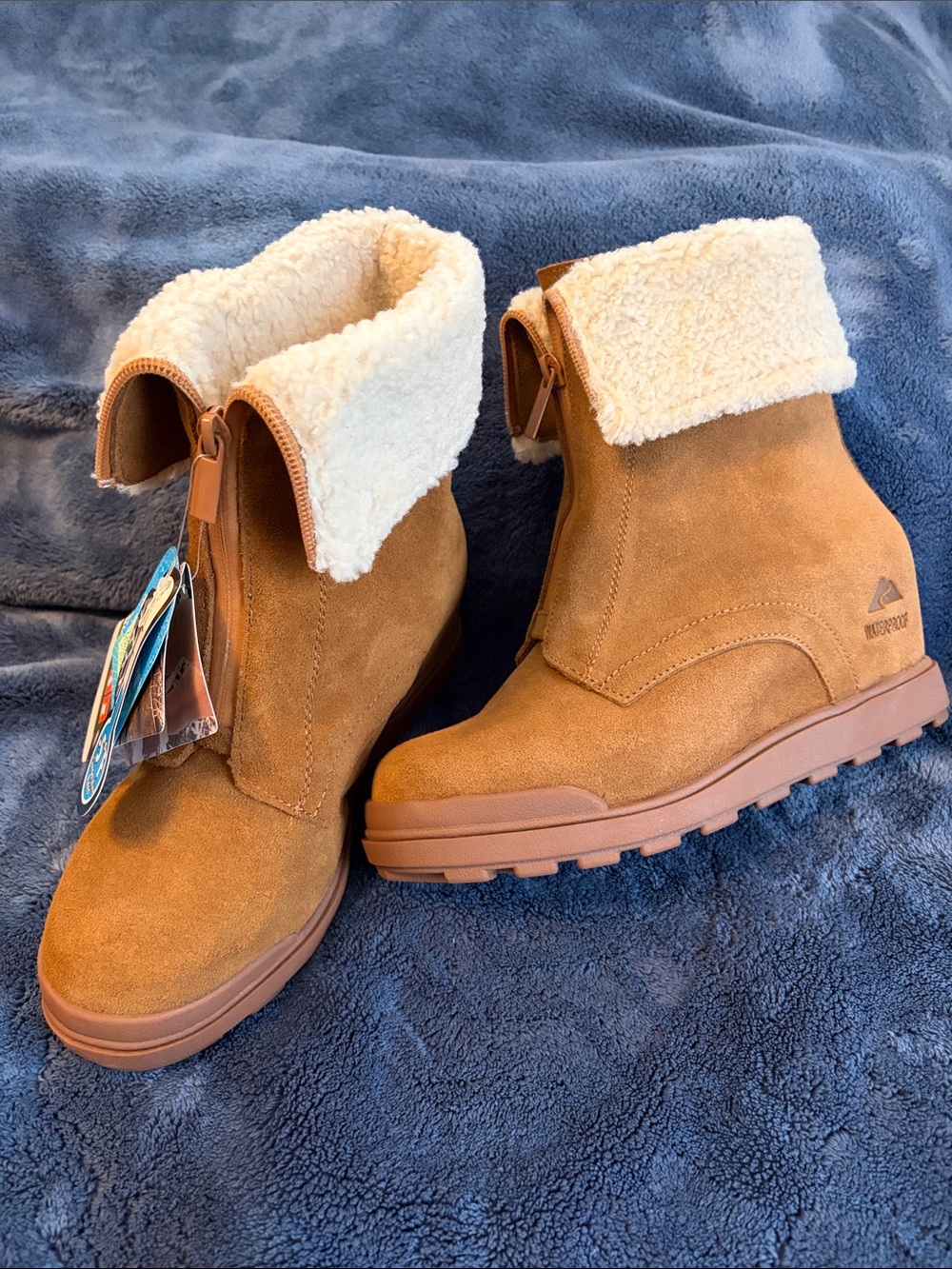 Ozark Trail Tan Suede Wedge Booties with Cream Sherpa Lining
